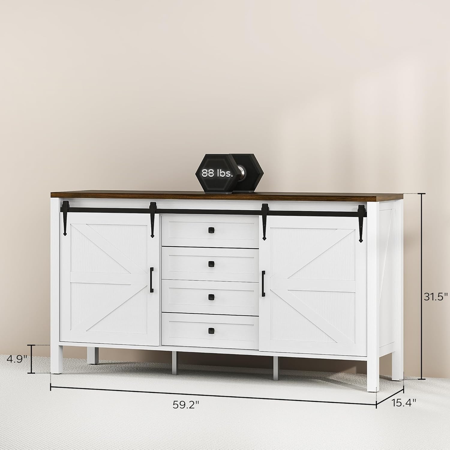 HOMCOM 59 Inch Farmhouse Sideboard Buffet Cabinet with Thick Top, Coffee Bar Cabinet with 2 Sliding Barn Doors, 4 Drawers and 2 Adjustable Shelves for Kitchen, Distressed White