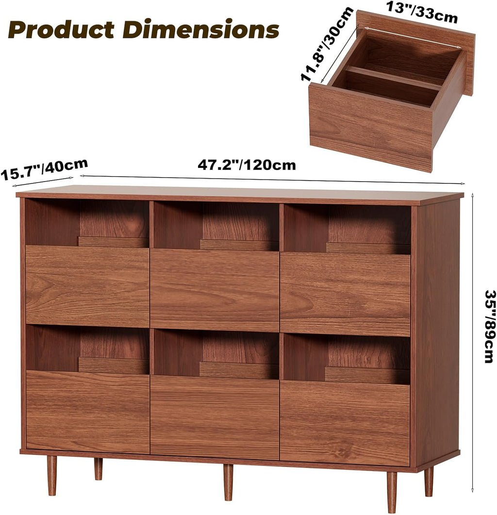 BROTTAR 47.2" Large Record Player Stand, 7“/10"/12" Vinyl Record Storage Cabinet, Mid Century Turntable Stand, Vinyl Record Holder, Media Cabinet with DVD Drawers for Living Room, Music Corner, Brown