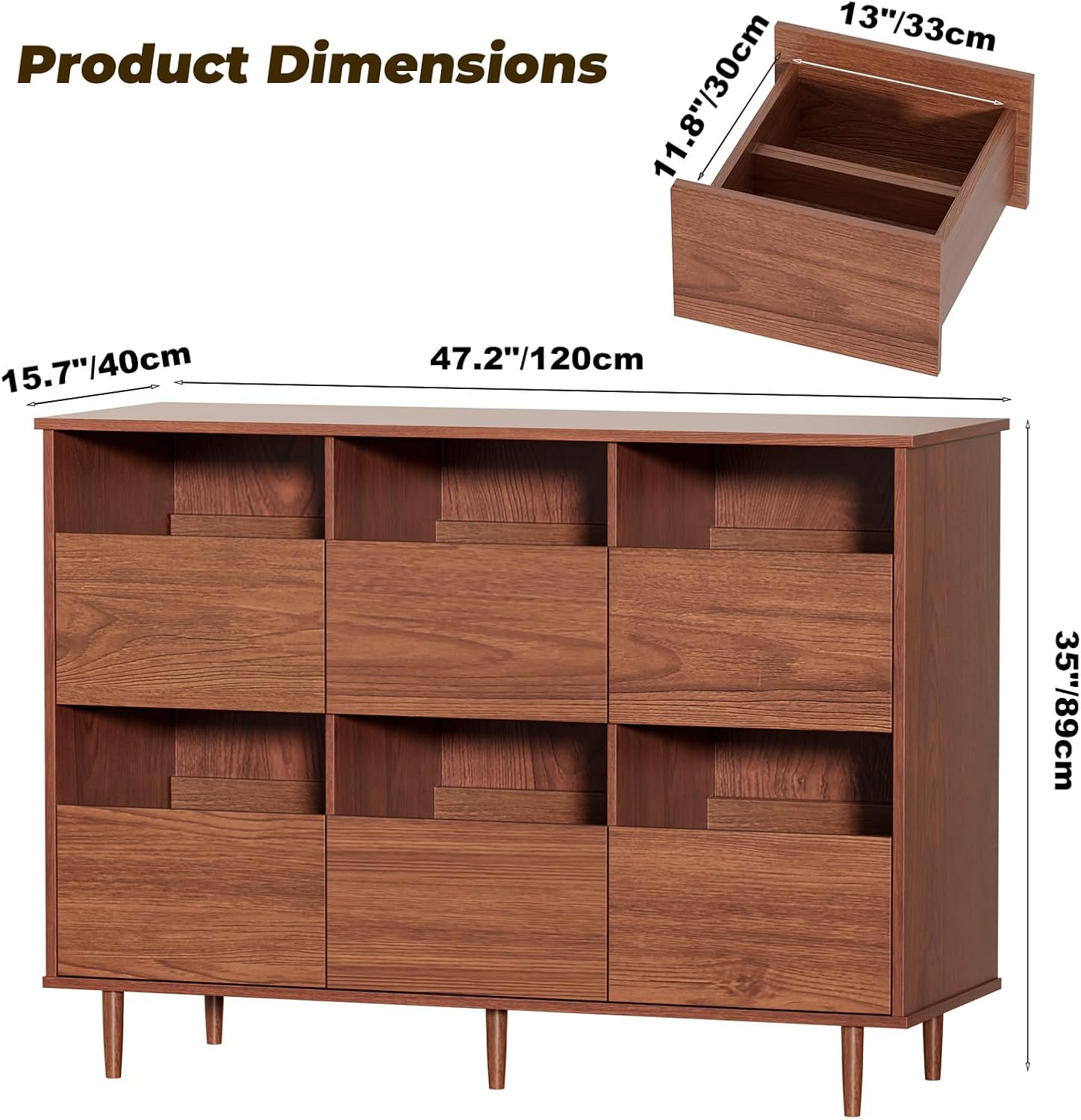 BROTTAR 47.2" Large Record Player Stand, 7“/10"/12" Vinyl Record Storage Cabinet, Mid Century Turntable Stand, Vinyl Record Holder, Media Cabinet with DVD Drawers for Living Room, Music Corner, Brown