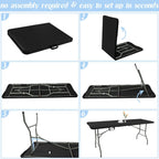Fivenl 2 Pack 6 Feet Portable Folding Table Black, Steel Legs Fold-in-Half with Carrying Handle Rectangular Plastic Foldable Table for Party, Wedding, Camping, Picnic, Dining, Indoor Outdoor Events