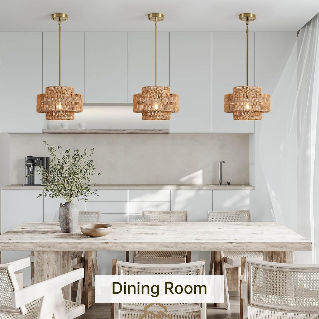 12.4” Boho Rattan Chandelier Light Fixture, 1-Light Hand Woven Pendant Light Fixture Farmhouse Rustic Hanging Lamp for Kitchen Island Bedroom, Dining Room, Living Room, Entryway, Foyer