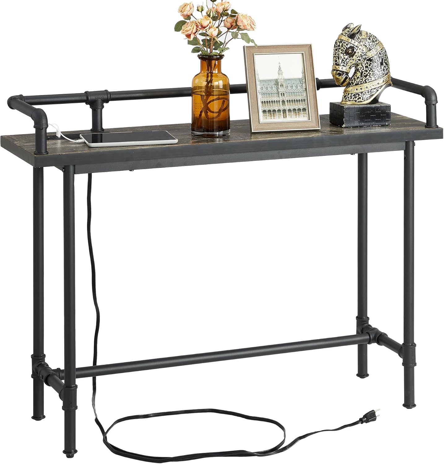 VECELO Narrow Sofa Table with Outlets & USB Ports, Industrial-Style Behind-Couch Table for Entryway, Hallway, Living Room, Bedroom, 39 Inch, Grey Oak