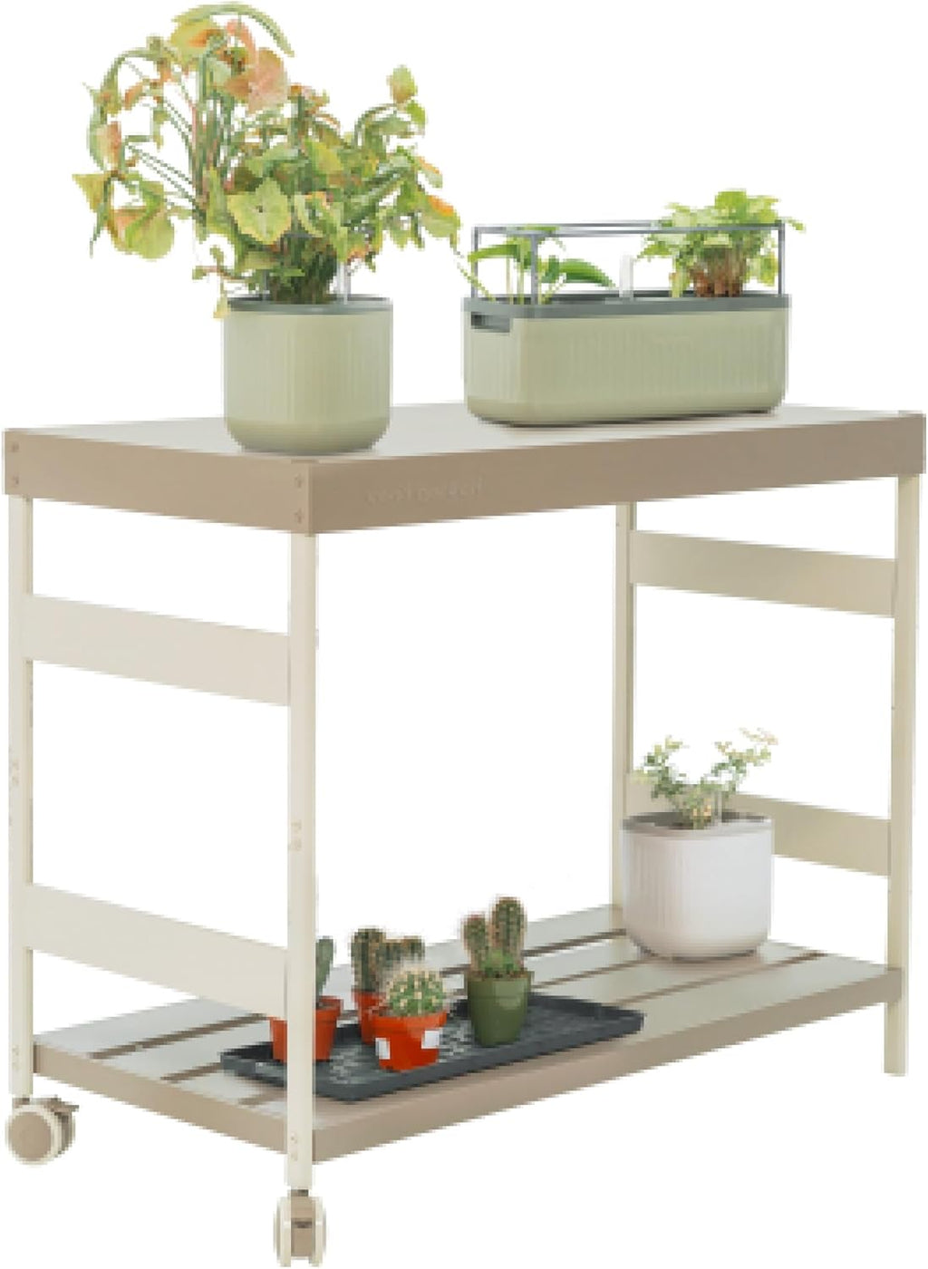 Vego Garden Metal Garden Workstation, Outdoor Gardening Potting Table with Wheels, Work Bench with Large Powder-Coated Steel Tabletop for Outdoor
