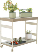 Vego Garden Metal Garden Workstation, Outdoor Gardening Potting Table with Wheels, Work Bench with Large Powder-Coated Steel Tabletop for Outdoor