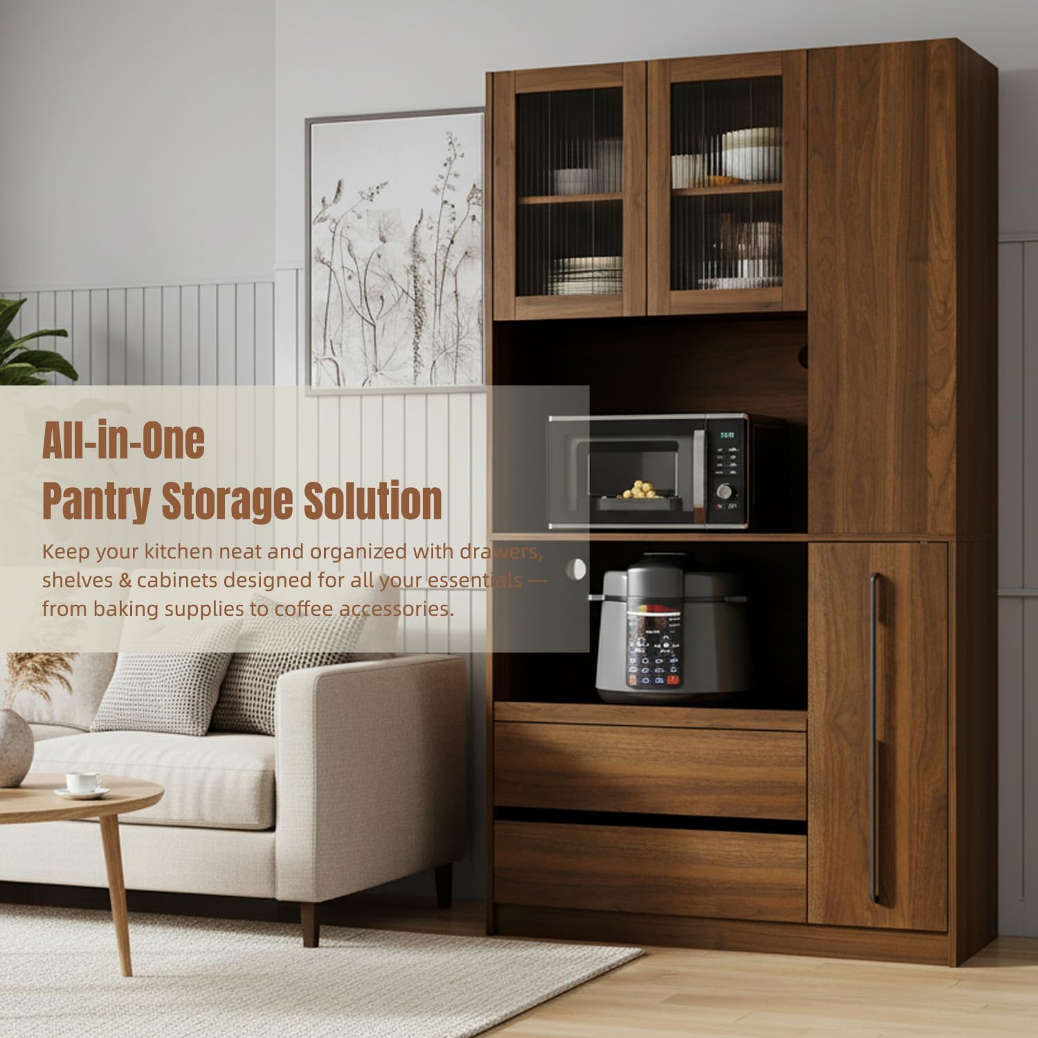 70.87" Tall Microwave Cart with Storage, Kitchen Pantry Cabinet with Multi-functional Pull-out Multi-tier Storage Shelf, 4-Tier Side Shelf 2 Drawers with Glass Door for Dining Room Home Office, Walnut