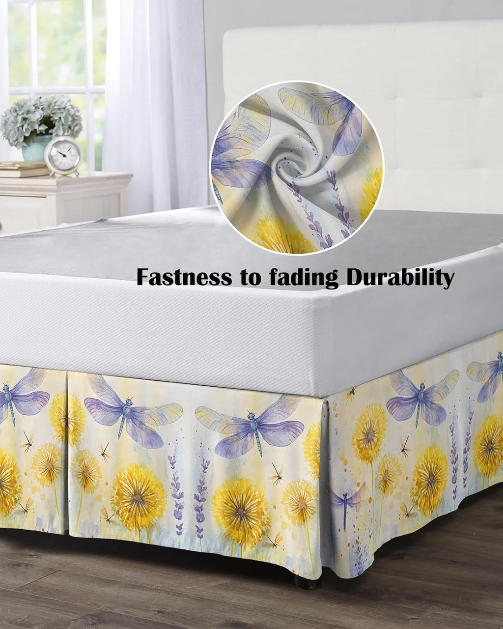 Bed Skirt Queen Size Yellow Dandelions Pleated Dust Ruffle Easy Fit Bedskirts with 16 Inch Drop Purple Dragonfly Wrinkle and Fade Resistant Bedroom Decor