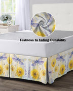 Bed Skirt Queen Size Yellow Dandelions Pleated Dust Ruffle Easy Fit Bedskirts with 16 Inch Drop Purple Dragonfly Wrinkle and Fade Resistant Bedroom Decor