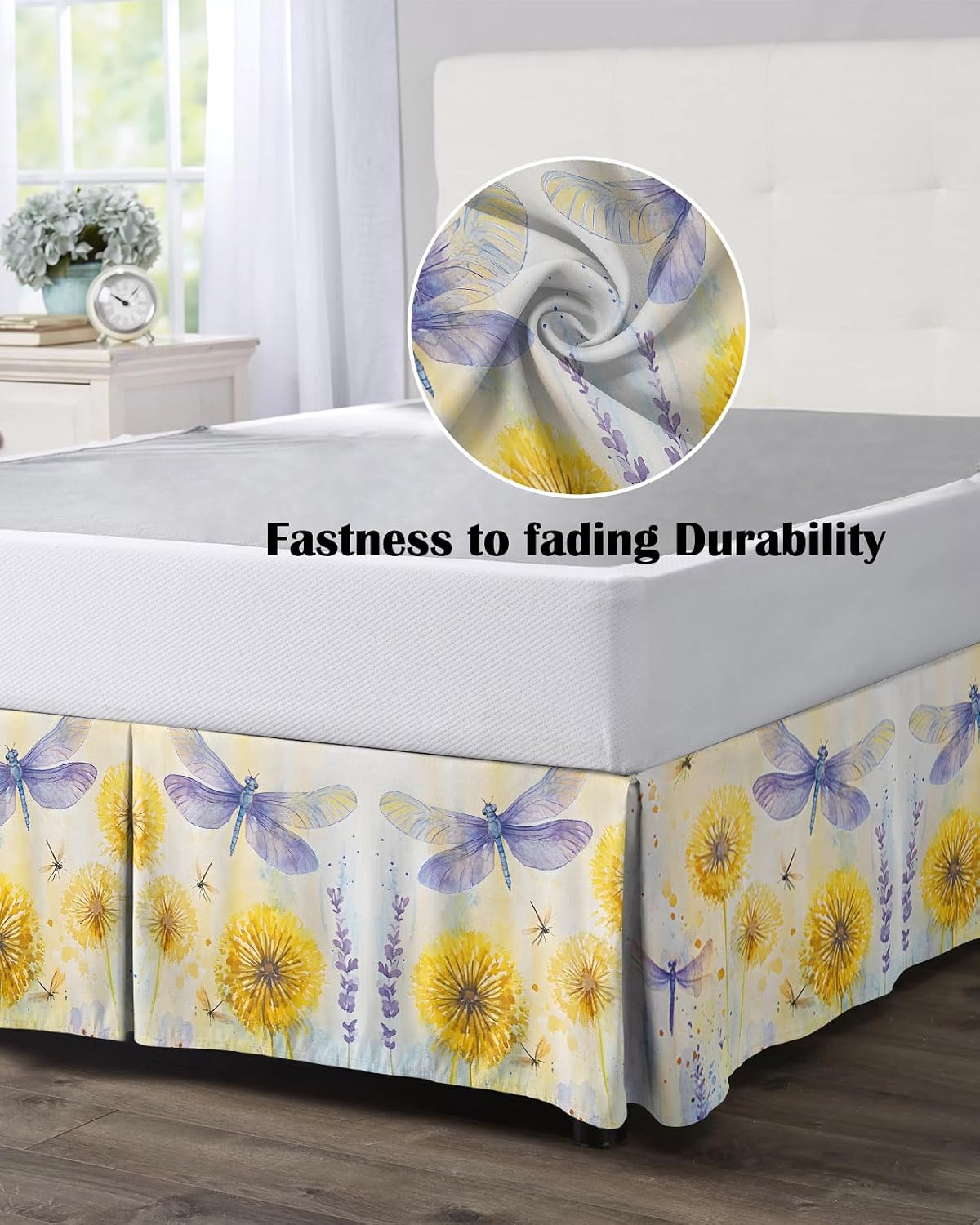 Bed Skirt Queen Size Yellow Dandelions Pleated Dust Ruffle Easy Fit Bedskirts with 16 Inch Drop Purple Dragonfly Wrinkle and Fade Resistant Bedroom Decor