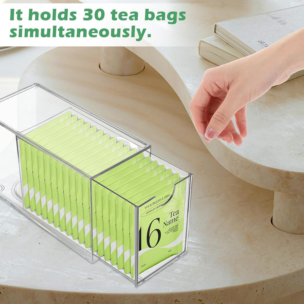 2 Pack Tea Bag Drawers Organizer - Clear Plastic Drawer Tea Bag Holder; Stackable & Portable, Wider Size, Well-Organized Storage for Tea Bags & Kitchen Essentials