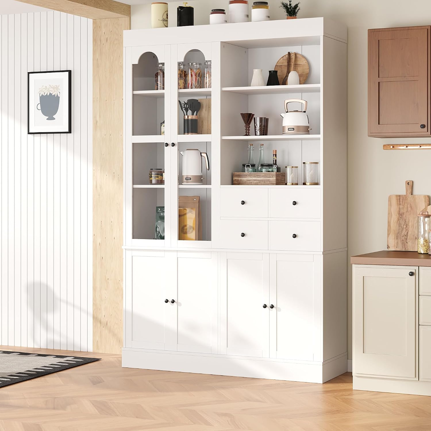 47.2x15.7x75 Inches Tall Kitchen Pantry Cabinet, Freestanding Sideboard Buffet Cabinet with Hutch, 4 Drawers, Door Shelves, and Pull-out Trays, Pantry Cupboard for Dining room, Living Room, White