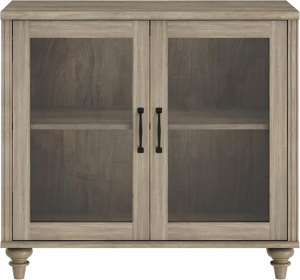 WAMPAT Farmhouse End Table with Ample Storage, Large Mid Century Modern Wood Bedside Table Night Stand, Wide Sofa Side End Table with Glass Doors, Cabinet for Living Room, Bedroom, Wash Grey