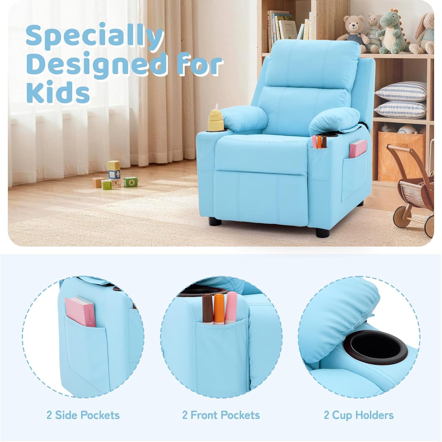 Korser Kids Recliner Chair, PU Leather Toddler Recliner with Cup Holder, Kid Recliner Sofa with Footrest, Push Back Child Reclining Chair with Side Pockets for Children Boys Girls Room, Blue