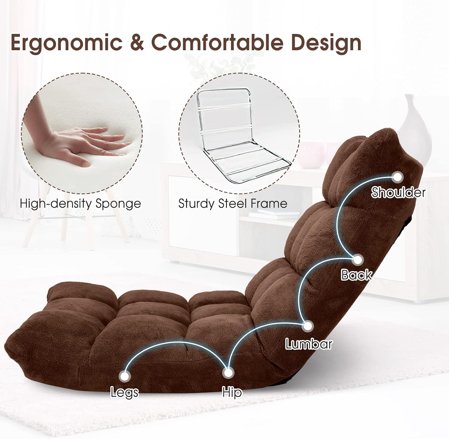 14-Position Adjustable Floor Chair, Folding Gaming Sofa Chair with Back Support, Padded Floor Gaming Chair for Adults, Sleeper Lounge Couch Recliner for Reading Gaming Meditation (Brown)