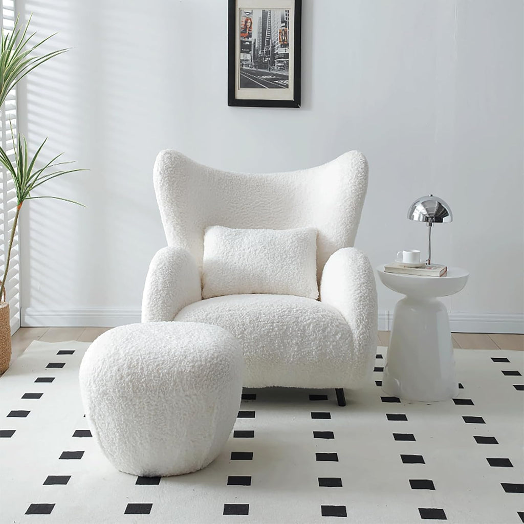 Oversized Modern Boucle Accent Chair with Ottomans, Furry Sherpa Elegant Single Sofa, Wingback Chair Living Room Chairs Comfy Upholstered Armchair for Bedroom Office Apartment Balcony,Cream White