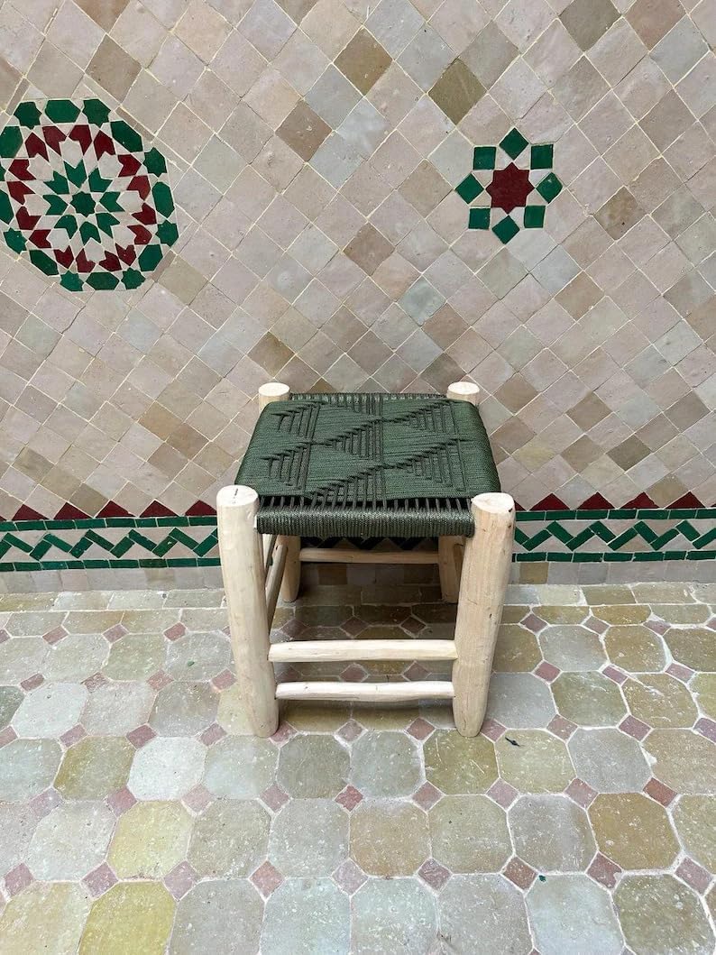 Moroccan Handwoven Stool, Rustic Wooden Footstool with Green Geometric Woven Seat, Small Portable Ottoman for Living Room Bedroom, Bohemian Farmhouse Accent Chair