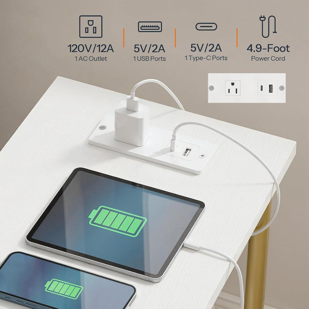 HOOBRO Side Table with Charging Station, End Table with USB Port and Outlet, Nightstand with 2-Layer Storage Shelves for Small Spaces, Living Room, Bedroom, Stable Frame, White and Gold DW09UBZ01
