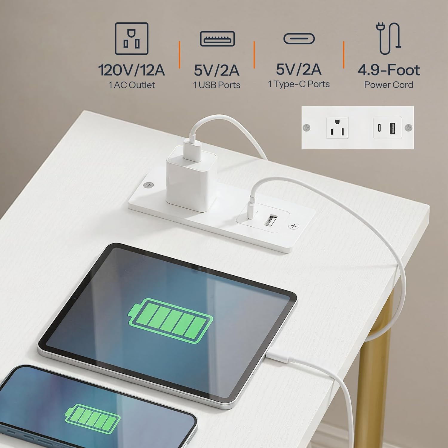 HOOBRO Side Table with Charging Station, End Table with USB Port and Outlet, Nightstand with 2-Layer Storage Shelves for Small Spaces, Living Room, Bedroom, Stable Frame, White and Gold DW09UBZ01