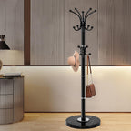 Modern Metal Coat Rack Stand, Coat Rack Freestanding with Natural Marble Base, 360°Rotary Design Sturdy Coat Racks with 16 Hooks, White Coat Hall Tree Stand for Entryway (Black)