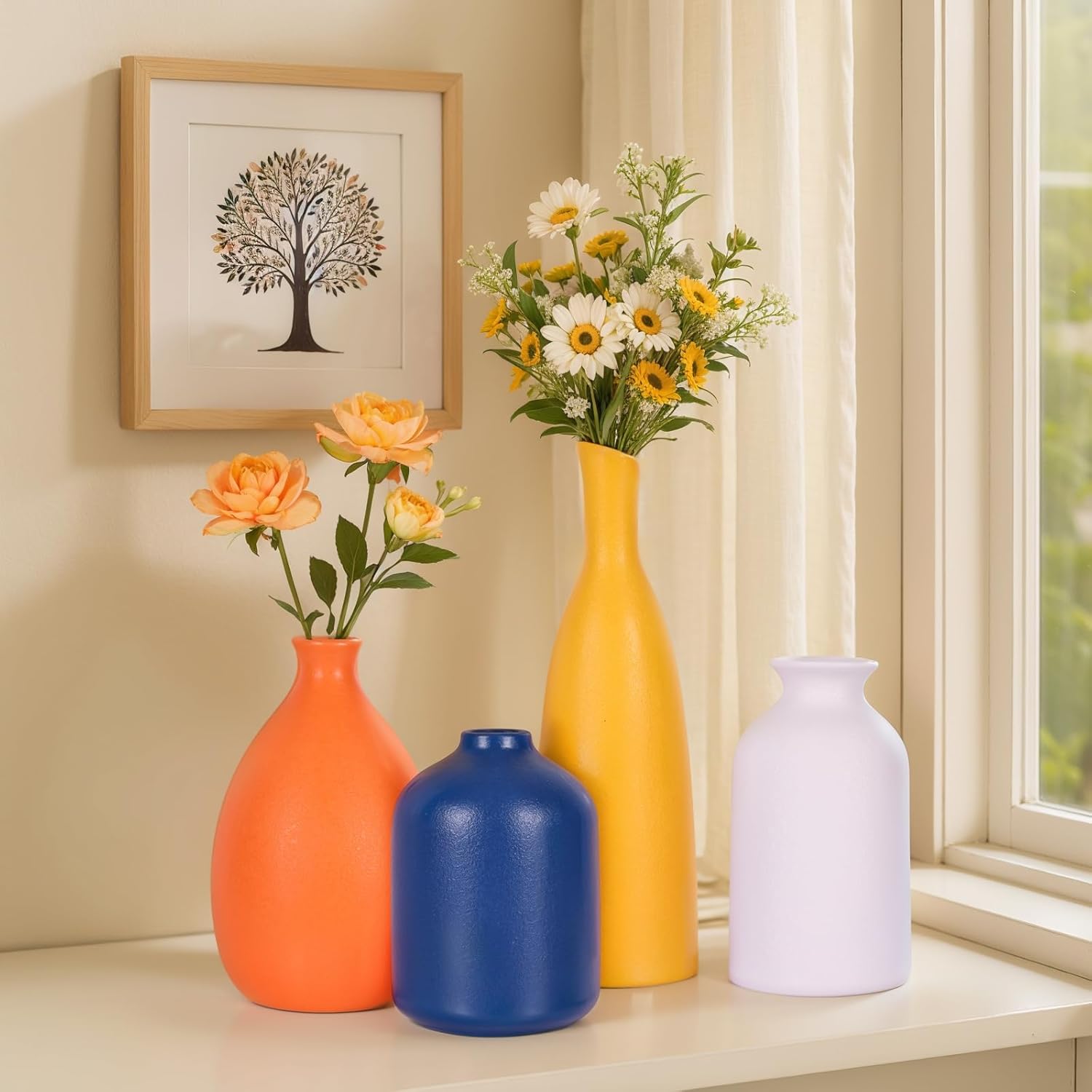 Multi-Color Ceramic Small Bud Vases Set of 4, White Yellow Orange Blue Vase, Modern Minimalism Style Vases for Rustic Home Decor, Ideal Decorative Vases for Living Room, Dining Room, Mantel, Entryway