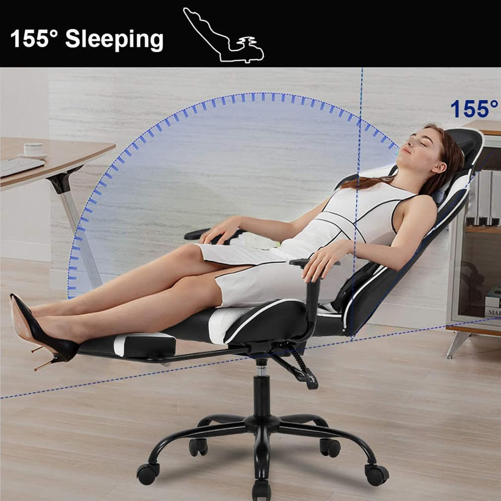 BestOffice | Ergonomic Gaming Chair | White | Reclining Computer Chair with Lumbar Support, Headrest Pillow, Adjustable Footrests | 360 Swivel with Heavy Duty Wheels | for Home & Office