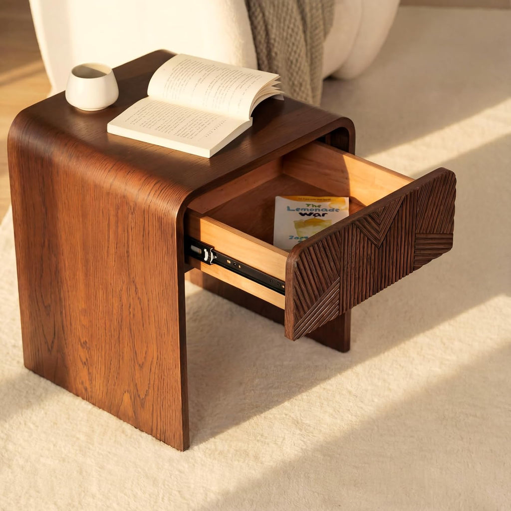 Vista End Table White Oak Side Table with Sculpted Slat Detail, Modern Small Accent Table Fluted Wood Nightstand Brown Finish Sofa Side Table for Living Room, Bedroom