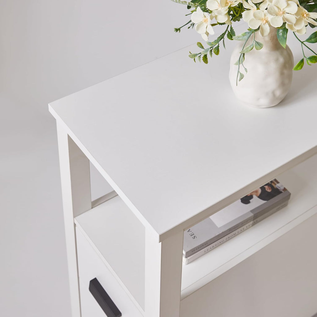 End Table with Charging Station, Narrow Nightstand with 2 Drawers and Open Shelf, Bedside Table with USB Ports and Outlets, Modern Wood Side Table for Bedroom Living Room Office (White)