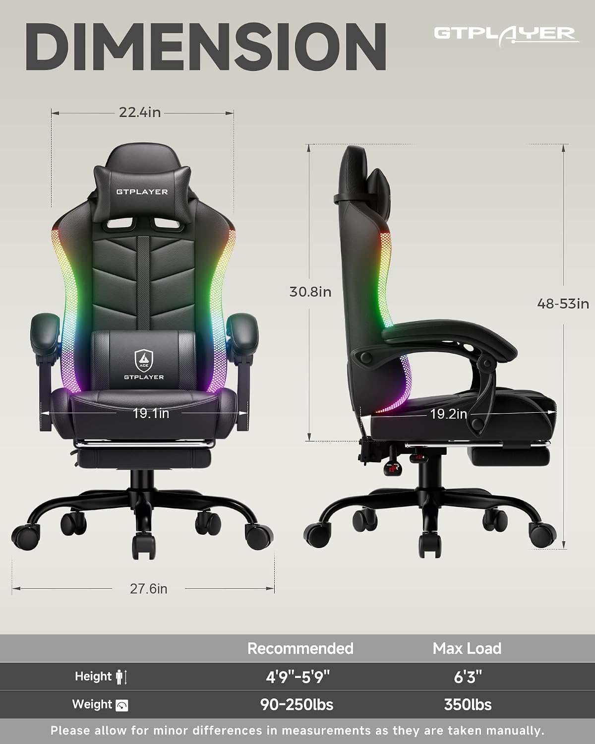GTPLAYER Gaming Chair, Ergonomic Computer Office Chairs for Adults with Footrest, Height Adjustable, Linkage Armrests, 90-155° Recline & Headrest Lumbar Support, RGB Black