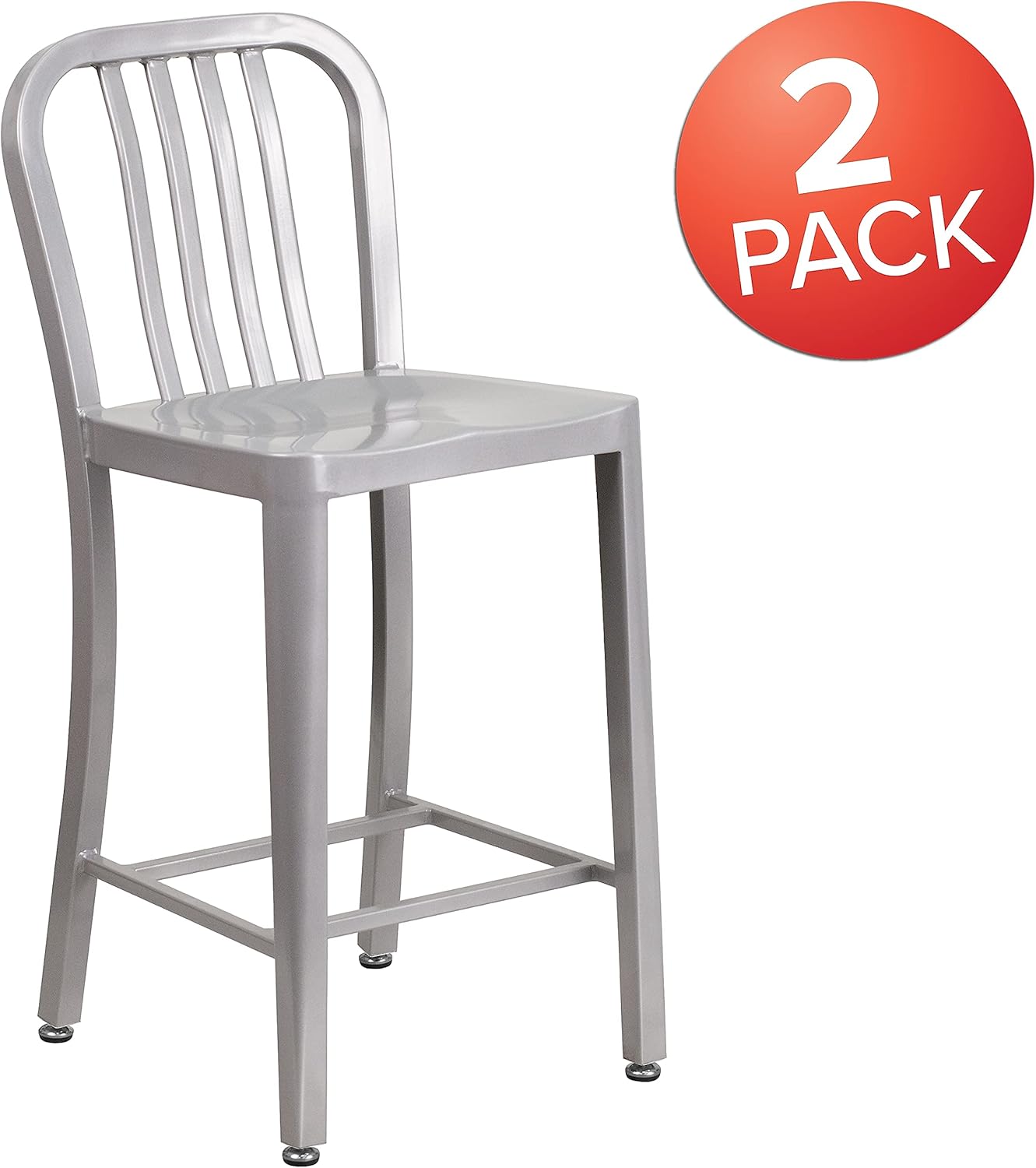 Flash Furniture Gael Commercial Grade 2 Pack 24" High Silver Metal Indoor-Outdoor Counter Height Stool with Vertical Slat Back
