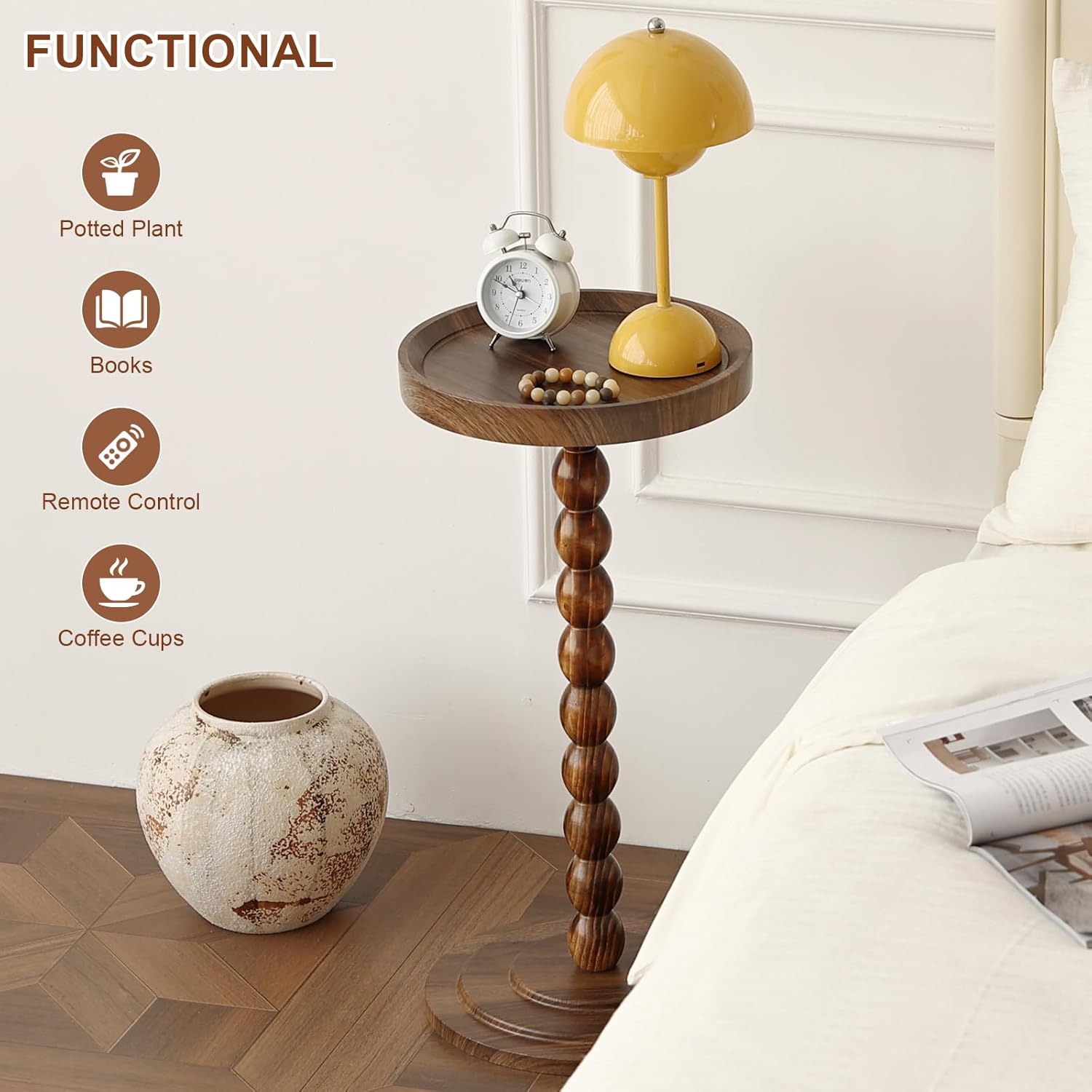 Small Drink Table, Round Drink Side Tables for Small Spaces, Wood Martini Table for Bedside and Sofa Couch, Pedestal Cocktail Coffee End Table for Living Room, Bedroom, Corners (Walnut)