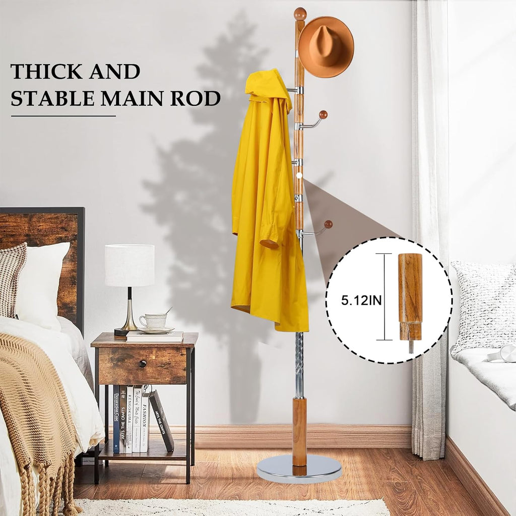 Wood Coat Rack Freestanding, Natural Coats Tree Stand with 14 Hooks, 73" Sturdy and Easy Assembly Coat Rack Stand for Entryway, Hallway, Bedroom, Bags, Hats (Metal Disc Base, Walnut Swivel Hook)