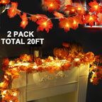 TURNMEON 2 Pack Fall Decor Enlarged Maples Leaves Lights Total 20Ft 40LED Fall Decorations for Home, Battery Operated Autumn Garland Lights Waterproof Indoor Outdoor Halloween Thanksgiving Decorations