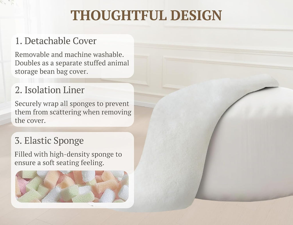 WSOFRLAC 3FT Bean Bag Chair, Comfy Bean Bag Chairs for Adults, Luxury Velvet Memory Foam Stuffed Beans Bags with Removable Cover, Adult Beanbag Chair with Filler for Living Room, Bedroom, Cream White