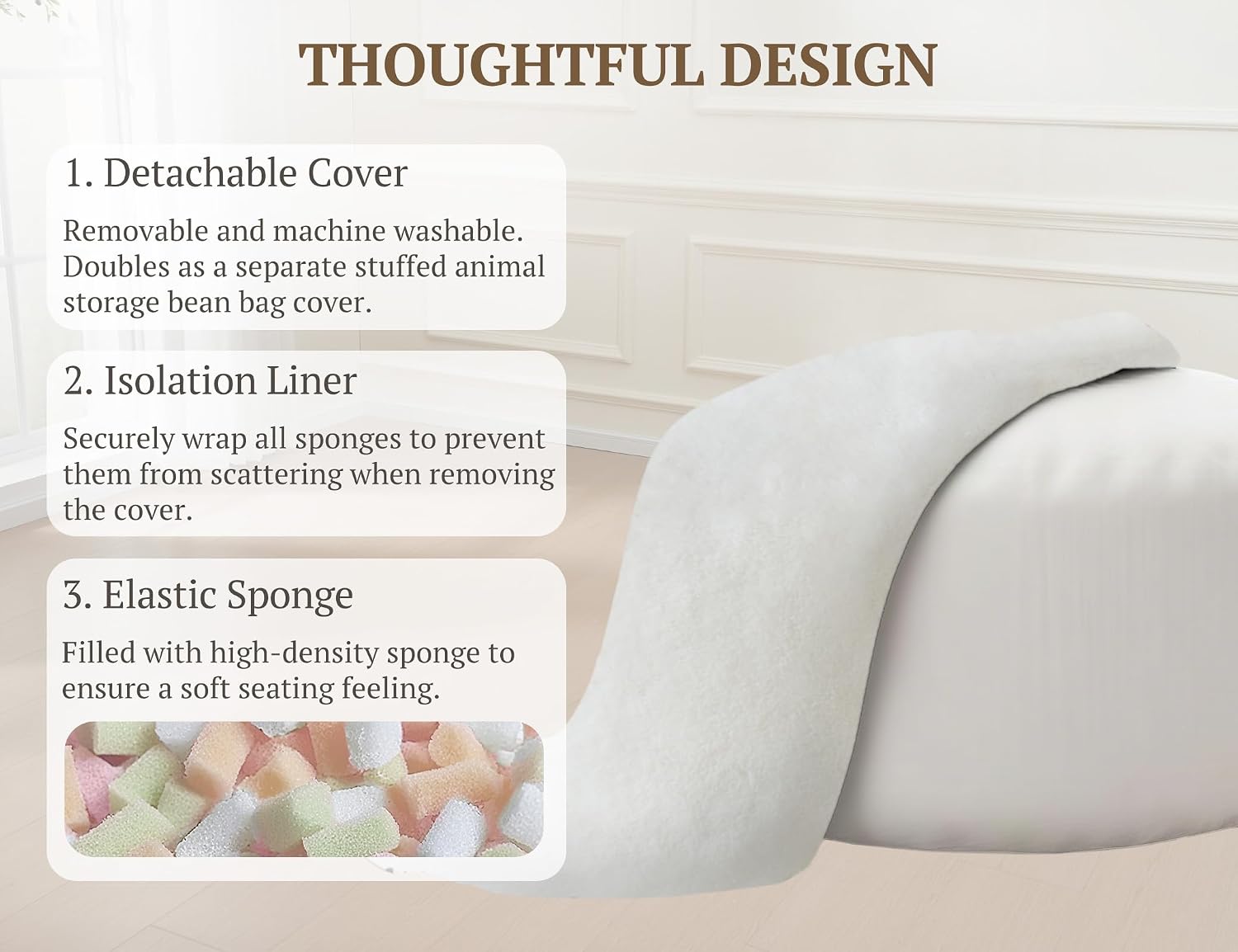WSOFRLAC 3FT Bean Bag Chair, Comfy Bean Bag Chairs for Adults, Luxury Velvet Memory Foam Stuffed Beans Bags with Removable Cover, Adult Beanbag Chair with Filler for Living Room, Bedroom, Cream White