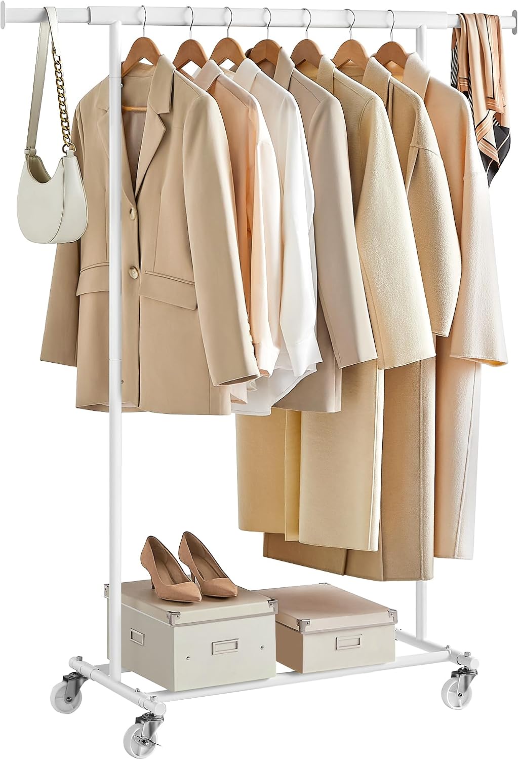 SONGMICS Clothes Rack with Wheels, Extendable Heavy Load Rod, Coat Rack, Clothes Storage, 90 kg Load Capacity, Easy Assembly, Portable, Classic White HSR013W01