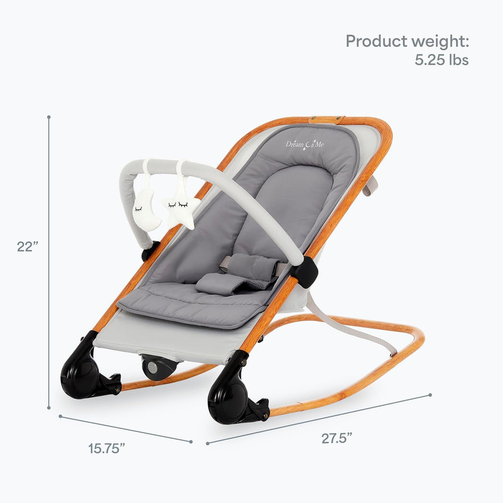Dream On Me Rock On Me 2-in-1 Baby Rocker and Stationary Seat, Adjustable Recline, Gentle Music & Vibration, 3-Point Safety Harness, Detachable Toy Bar, Folds Compact for Travel – Grey