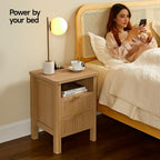 ONBRILL Fluted Night Stand with Charging Station, 23" Modern 2 Drawers End Table, Nightstand Set of 2 with Curved Profile Design, Bed Side Table for Bedroom, Living Room, Natural Oak （1-Pack）