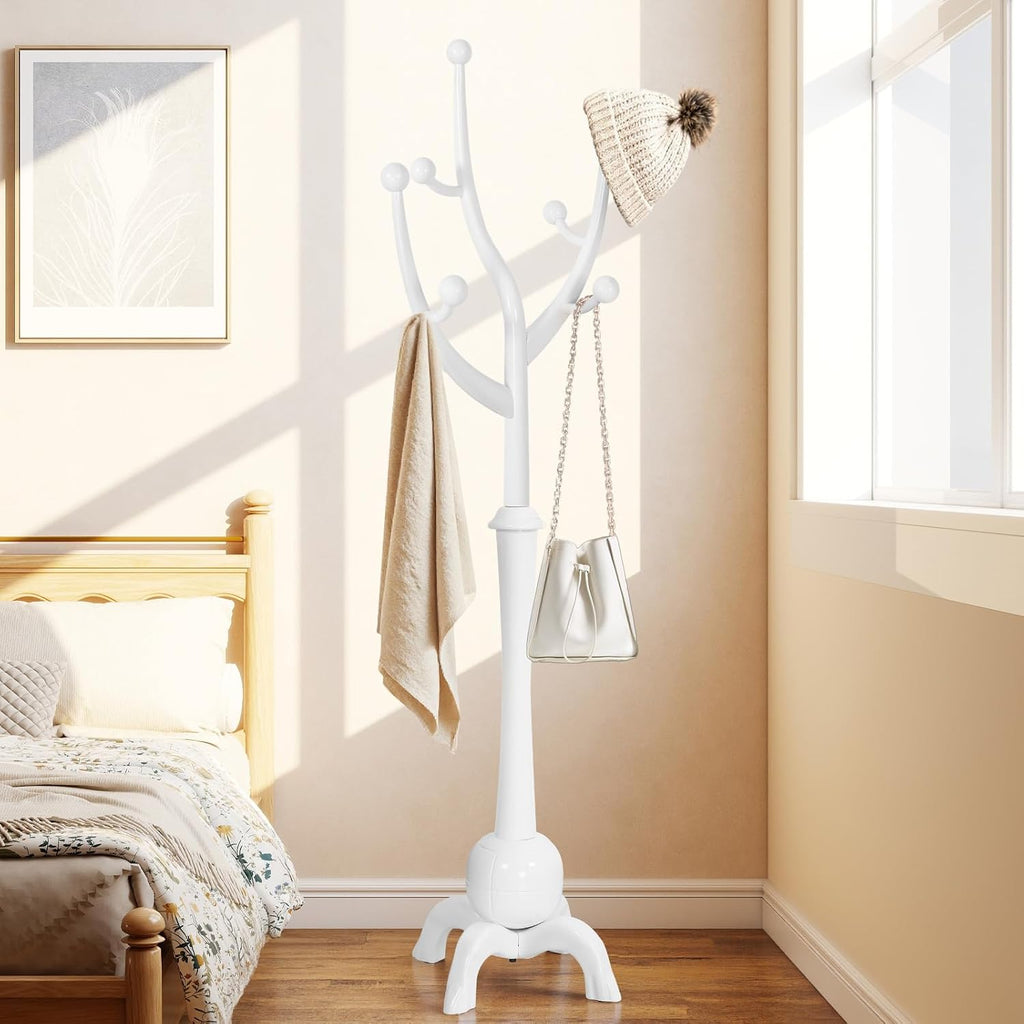 Wooden Coat Rack Freestanding Coat Tree with 8 Hooks, White | Stable Sphere Base, Heavy Duty Standing Coat Hanger for Entryway, Hallway, Bedroom, Coats, Hats, Bags