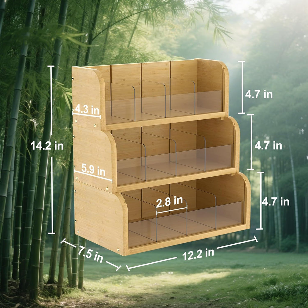 3 Layer Bamboo Tea Bag Organizer, Stackable Tea Storage Holder | Tea Storage Containers with Acrylic Dividers, FSC-certified Bamboo, Easy Assembly