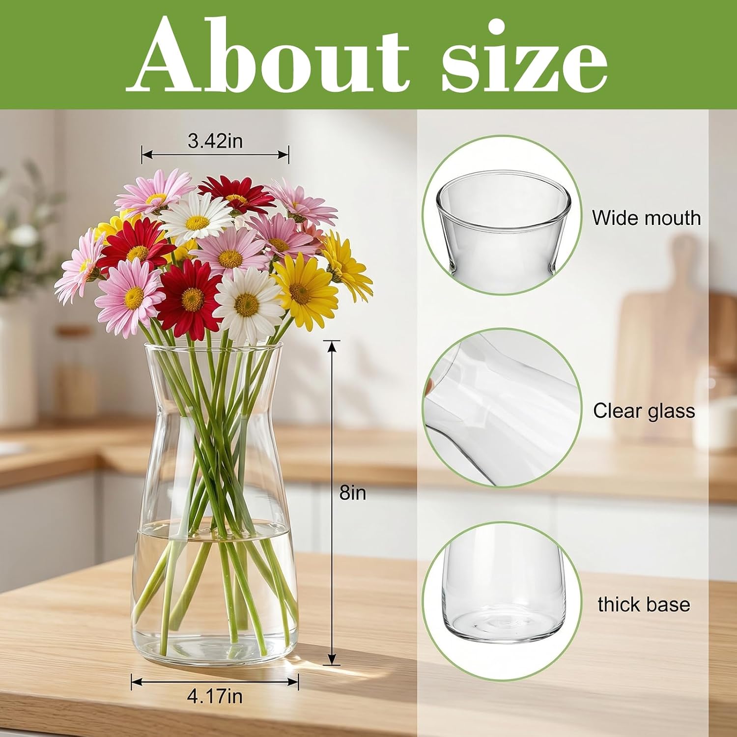 8 inch Flower Vase,Set of 2 Glass Vases for Flowers,Clear Glass Flower Vase for Centerpieces Table,Flower Bouquet Decoration,Wedding Decor Gift,Birthday,Living Room,Dining Table