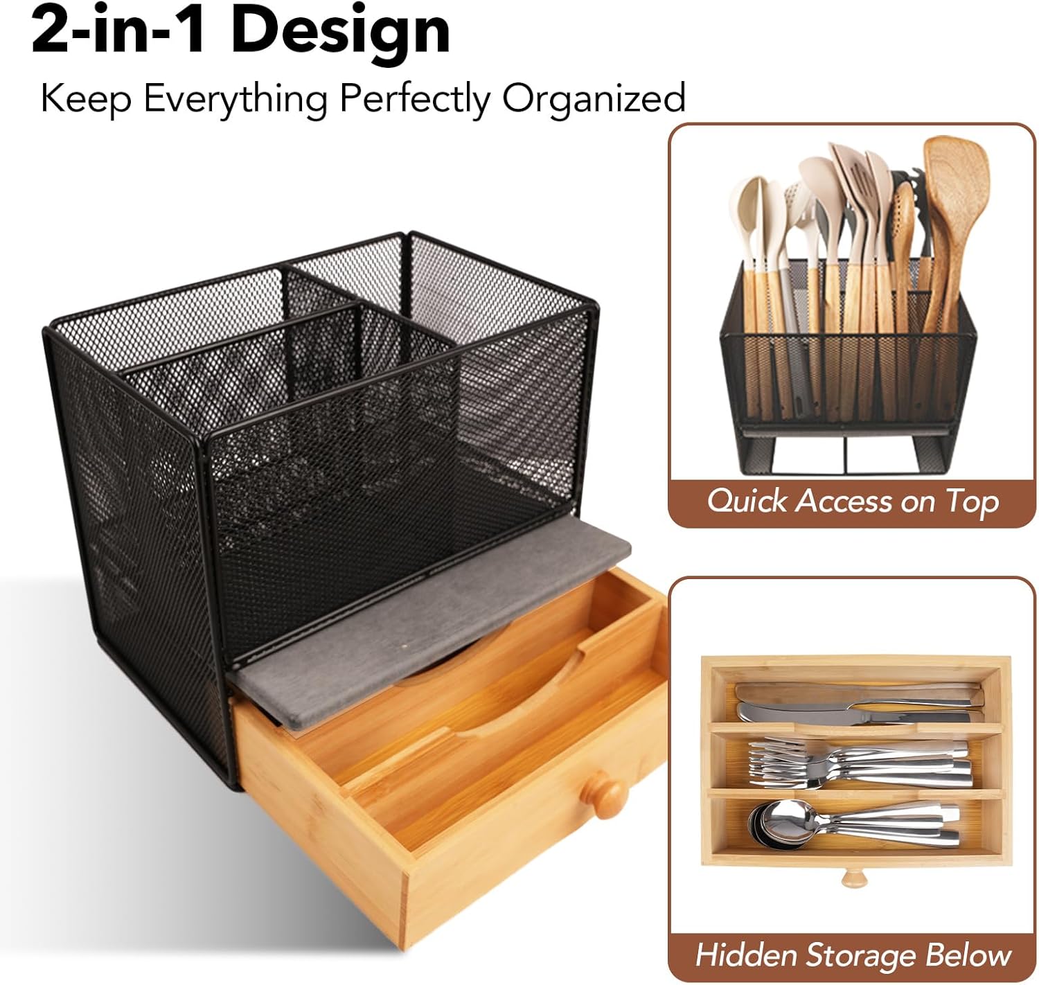 Kitchen Utensil Holder Countertop, Extra Large Utensil Organizer with Drawer, 2 Tier Utensil & Silverware Holder for Counter, Countertop Organizer for Cooking Utensil Cutlery, Quick Dry Diatomite Base