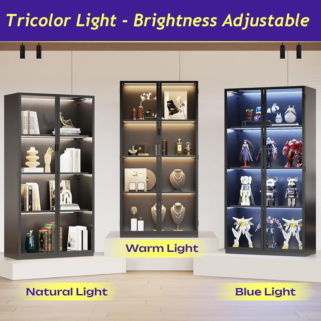 Display Cabinet with Glass Doors, 4-Tier Curio Cabinet with 3 Color Lights,Glass Display Case for Collectibles with Adjustable Shelves-Toys,Books,Figures,Exhibit(63" Black)