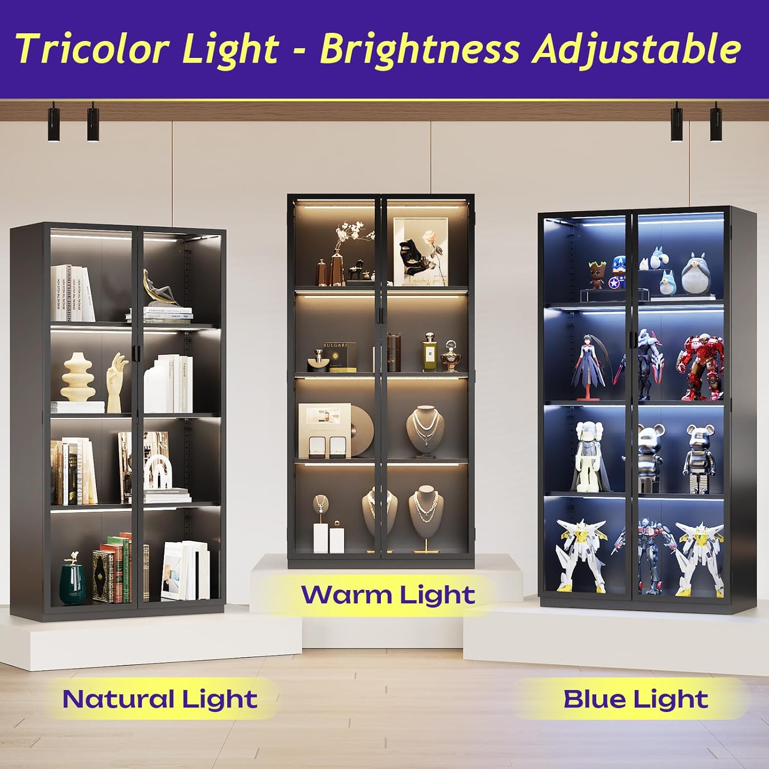 Display Cabinet with Glass Doors, 4-Tier Curio Cabinet with 3 Color Lights,Glass Display Case for Collectibles with Adjustable Shelves-Toys,Books,Figures,Exhibit(63" Black)