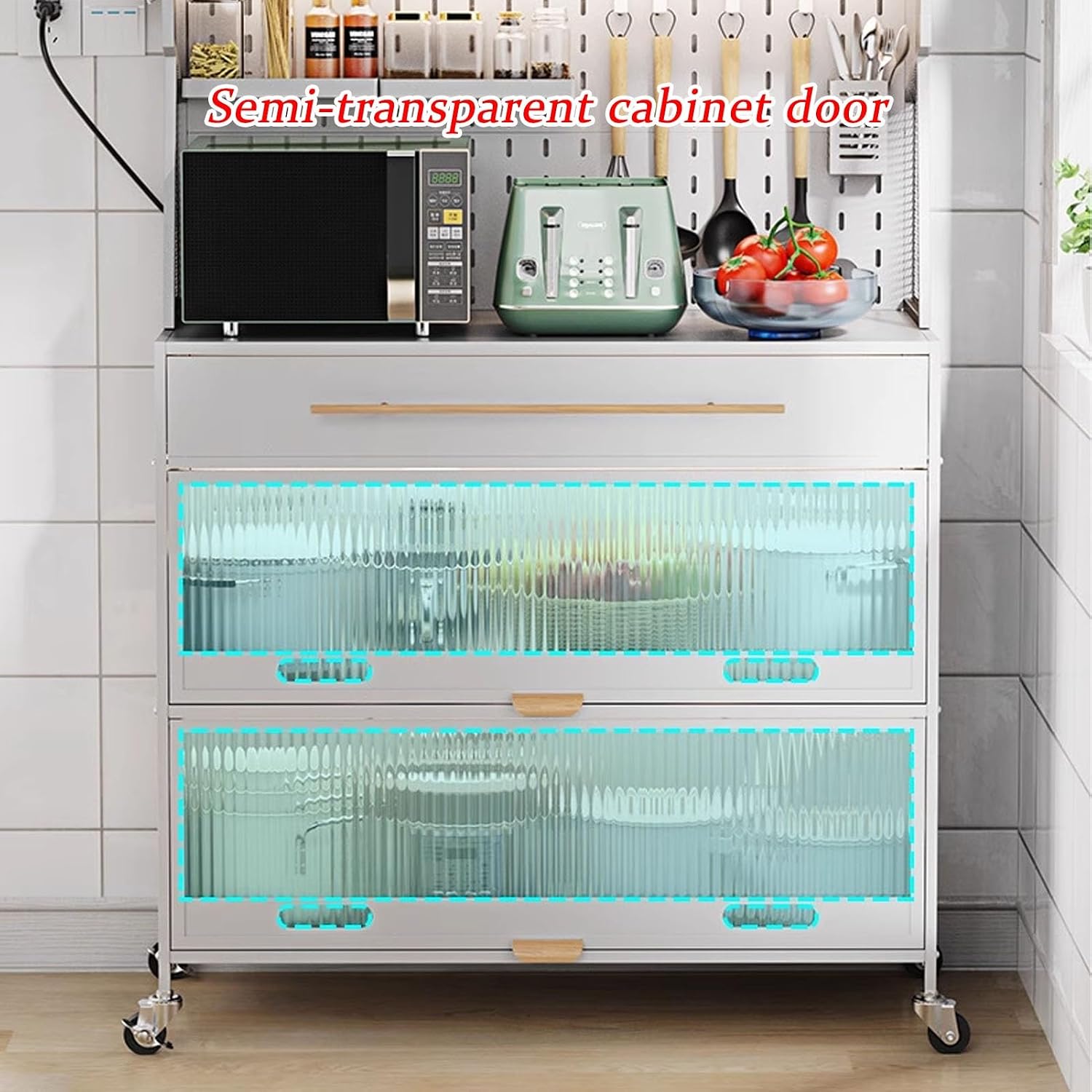 JKGHK 5-Tier Bakers Racks with Storage for Kitchens, Microwave Stand on Wheels with Flip Door Cabinets and Pegboard, Tall Kitchen Pantry Cabinet with Drawer for Home(Black,80cm/31.4in)