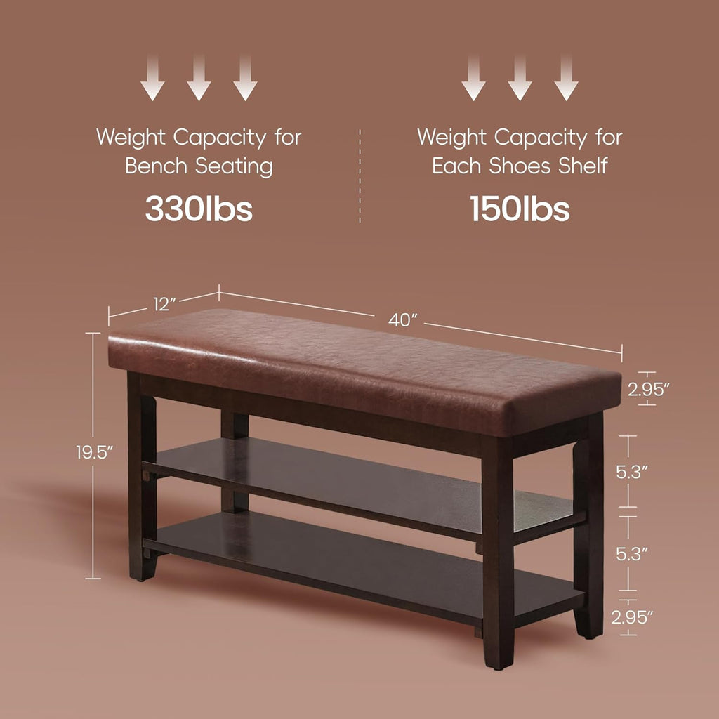 40" Shoe Bench with Leather Cushion, 2-Tier Shoe Rack Entryway Bench, Wood Bench for Front Door Entrance, Mudroom, Hallway, Wooden Shoe Shelves, Shoe Organizer, Shoe Storage, Brown