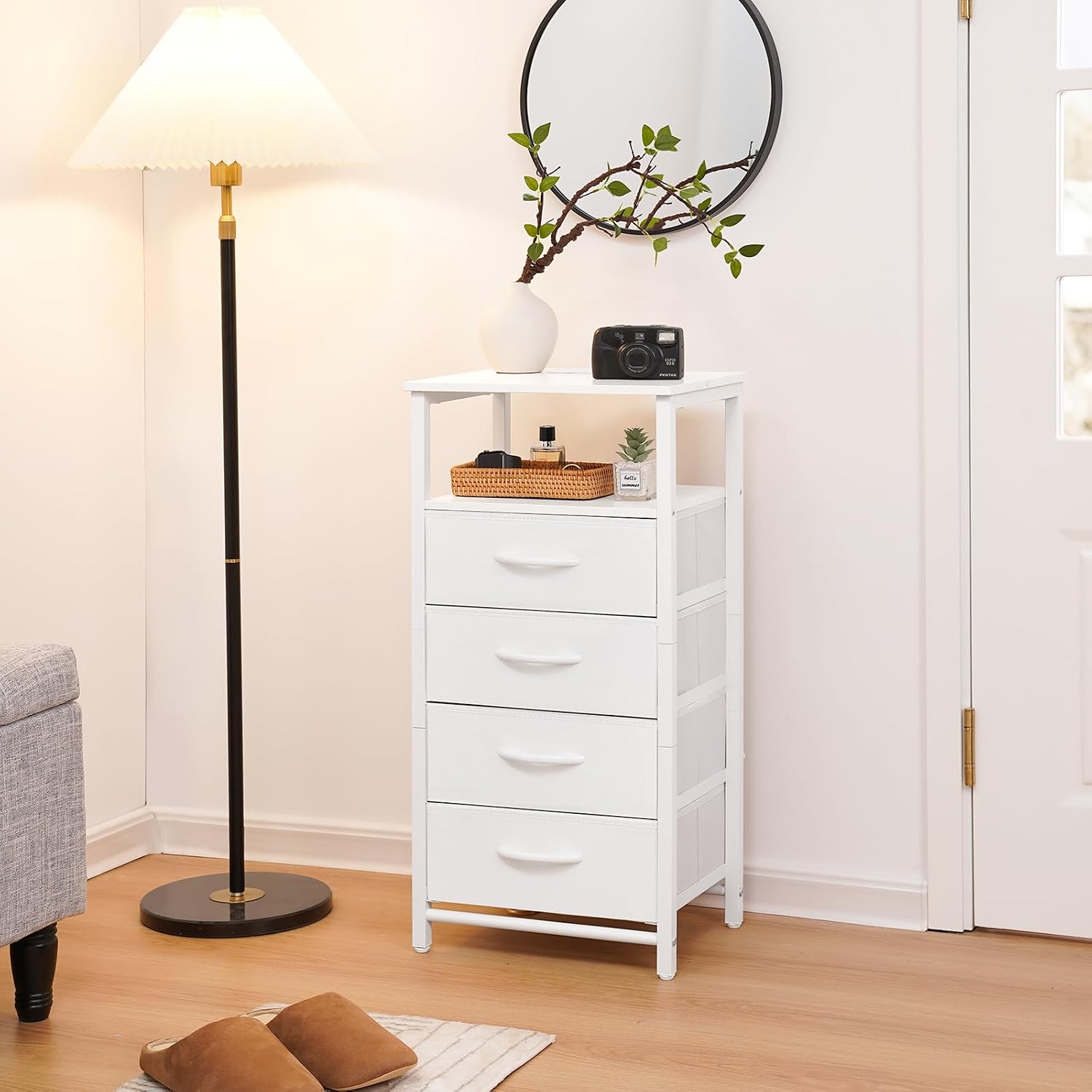 Yoobure Night Stand - LED White Nightstand with Charging Station, Bedside Table with 4 Storage Drawers and Storage Shelf, End Table with USB Ports and Outlets, Tall Nightstand for Bedroom