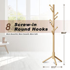 8-Hook Freestanding Coat Rack 3 Heights Safe Round Tips Nature | Smooth Round Tips Prevent Slipping,Tool-Free Assembly,Holds Clothes Hats Handbags,Ideal for Entryway Bedroom Hallway Office