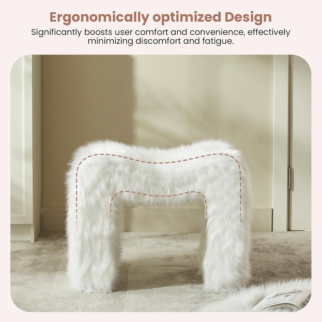 Vanity Stool Chair Small Footstool Ottoman Faux Fur Seating Backless Modern Foot Rest Ottoman Furry for Makeup Room Living Room Bedroom Entryway,White (Single 1)