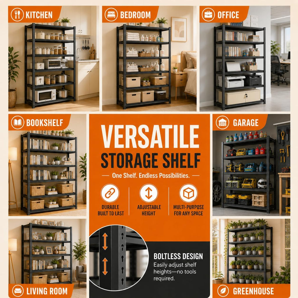 Bolt-Free 6 Tier Metal Bookshelf, 2 in 1 Adjustable Tall Bookcase, 1800LBS Heavy Duty Deep Book Shelf, Industrial Black Wide Bookshelf, Modern Book Shelves for Bedroom, Living Room, 40"W x16"D x 82"H