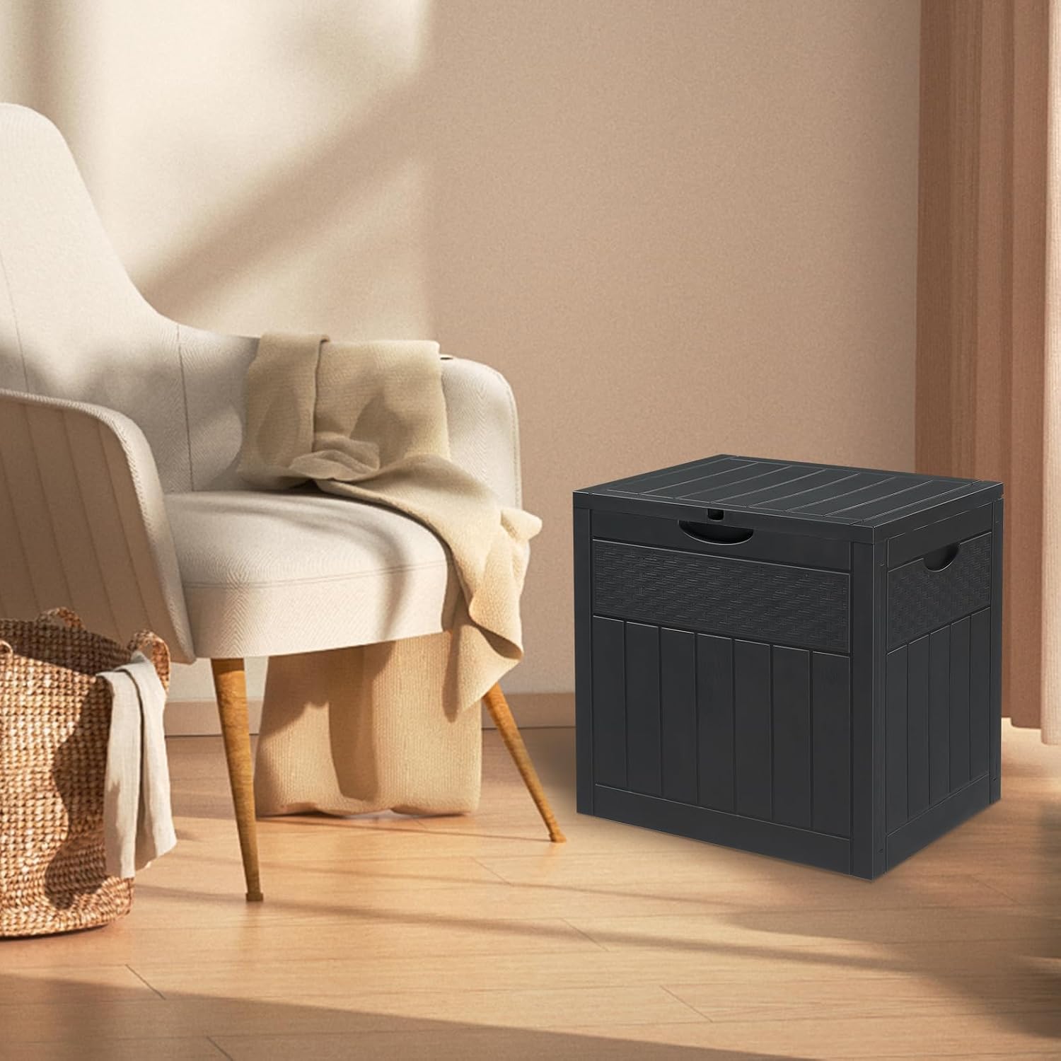 Dark Gray 33 Gal Wood & Rattan Plastic Storage Bench, Outdoor Deck Box, Patio Storage Box for Garden Cushions Tools, Garden Tool Storage Pool Accessory Holder Cushions Lid Side Table Function