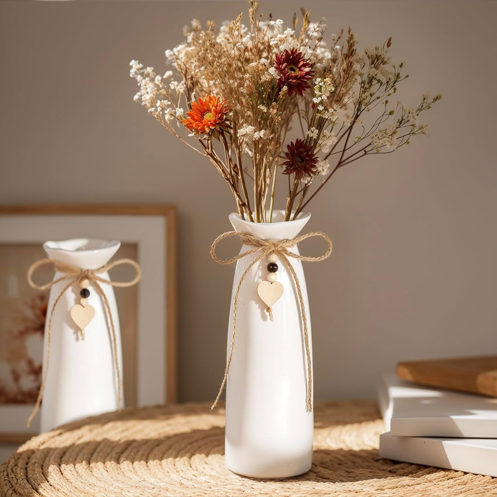 8 Inch Ceramic Vase with Jute Rope & Heart Charm, Elegant White Decorative Vase for Home Décor & Table Centerpieces